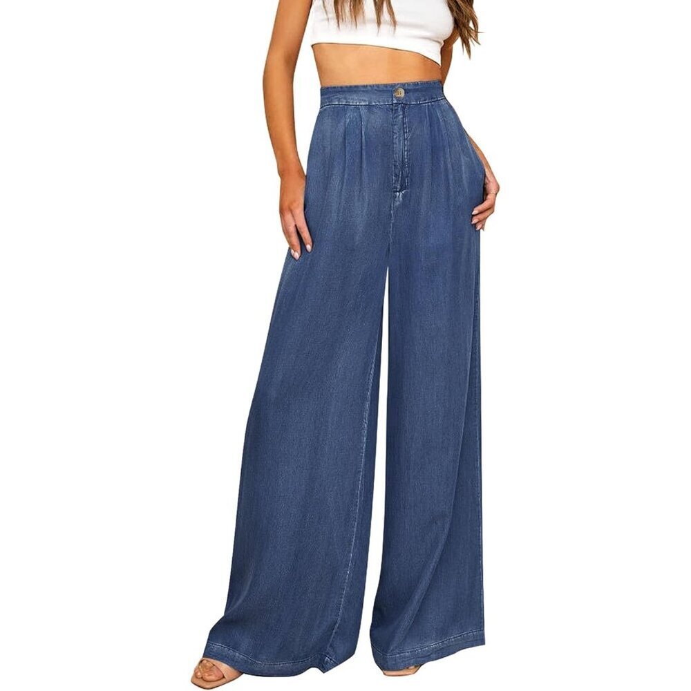 Wide Leg Pants Women Tencel High Waisted Palazzo Summer Beach Flowy - Picture 1 of 7